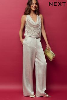 Silver Satin Textured Metallic Wide Leg Trousers