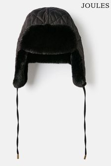 Joules Eira Black Faux Fur Lined Quilted Trapper Hat