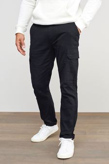 Black Straight Fit Cotton Stretch Cargo Trousers