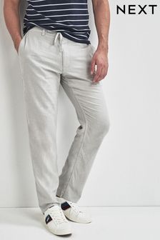 Light Grey Linen Blend Drawstring Trousers
