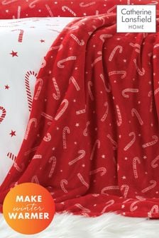 Catherine Lansfield Red Teddy Christmas Candy Cane Cosy and Warm Fleece Throw