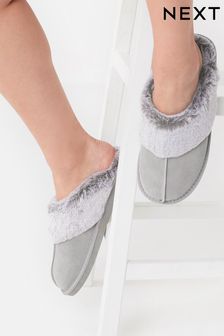 Pale Grey Suede Mule Slippers