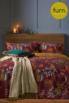 furn. Red Forest Fauna Printed Woodland Reversible Duvet Cover And Pillowcase Set