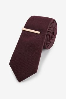 Burgundy Red/Red Slim Textured Tie With Tie Clip