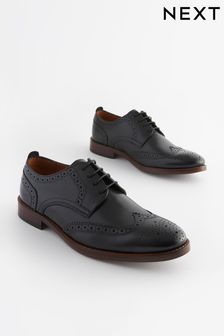 Black Regular Fit Leather Contrast Sole Brogue Shoes