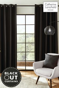 Catherine Lansfield Black Faux Silk Blackout Eyelet Curtains