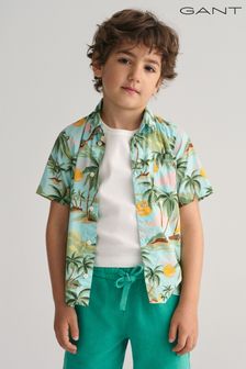 GANT Green Boys Palm Print Cotton Short Sleeve 100% Cotton Shirt