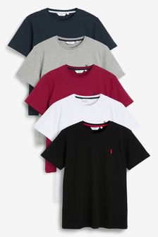 Burgundy Red/Black/White/Navy/Grey Marl 5 Pack Regular Fit Stag T-Shirts