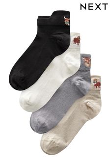 Neutral / Hamish the Highland Cow Embroidered Motif Trainers Socks 4 Pack