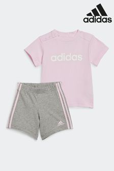 adidas Pink/Grey Sportswear Essentials Lineage Organic Cotton T-Shirt And Shorts Set