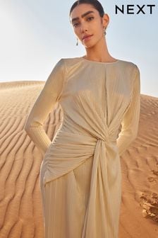 Gold Plisse Long Sleeve Knotted Dress