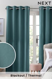 Blue Dark Teal Cotton Blackout/Thermal Eyelet Curtains