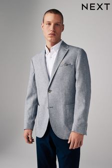 Blue Regular Fit Textured Linen Blend Blazer