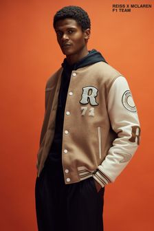 Reiss x McLaren F1 Team Camel/Ecru McLaren F1 Leather Varsity Jacket