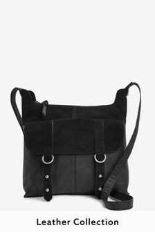 Black Leather Cross-Body Messenger Bag