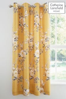 Catherine Lansfield Ochre Yellow Canterbury Floral Eyelet Curtains