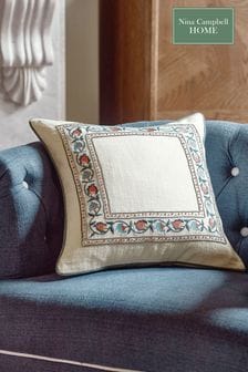 Nina Campbell Navy Blue Suzani Floral Embroidered Border Feather Filled Cushion