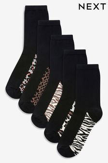 Black Animal Print Footbed Ankle Socks Five Pack