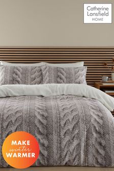 Catherine Lansfield Natural Cable Knit Cosy and Warm Fleece Duvet Cover Set