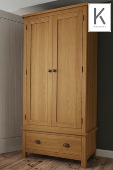 K Interiors Oak Lana Solid Wood 2 Door 1 Drawer Wardrobe