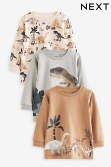 Neutral Dinosaur 100% Cotton Long Sleeve Animal Print Character T-Shirts 3 Pack (3mths-7yrs)