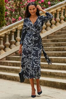 Sosandar Black Floral Wrap Front Midi Wrap Dress