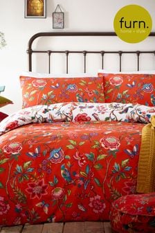 furn. Orange Pomelo Tropical Floral Reversible Duvet Cover and Pillowcase Set