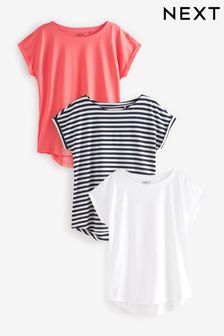 White/Stripe/Coral Pink 100% Cotton Cap Sleeve T-Shirts 3 Pack