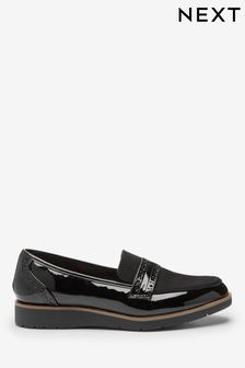 Black Material Mix Regular/Wide Fit Brogue Detail Chunky Sole Loafers