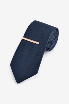 Navy Blue Regular Textured Tie With Tie Clip
