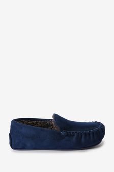 Navy Blue Recycled Faux Fur Lined Moccasin Slippers