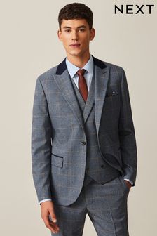 Blue Slim Fit Trimmed Check Suit Jacket