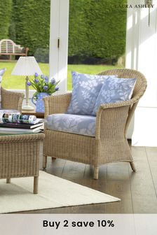 Pale Blue Garden Bewley Indoor Rattan Chair with Gosford Cranberry Cushions