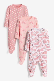 Pink Unicorns 3 Pack Baby Sleepsuits (0-2yrs)