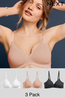 Black/White/Nude Light Pad Non Wire Cotton Blend Bras 3 Pack
