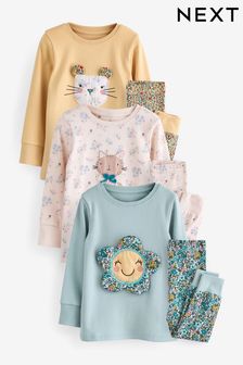 Ditsy Character 100% Cotton Long Sleeve Pyjamas 3 Pack (9mths-16yrs)