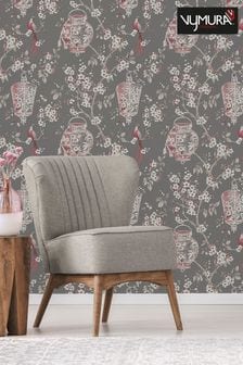 Vymura London Grey Exclusive To Next Japanese Chinoise Floral Wallpaper