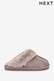 Beige Suede Faux Fur Lined Mule Slippers