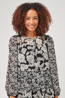 Floral Monochrome Mixed Print Longline Tiered Blouse