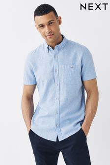 Light Blue Regular Fit Cotton Linen Blend Short Sleeve Shirt