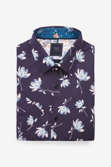 Blue Navy Floral Regular Fit Short Sleeve Printed Trimmed Shirt