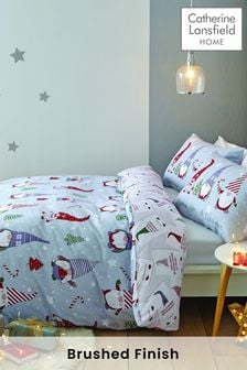 Catherine Lansfield Grey Brushed Cotton Christmas Gnomes Duvet Cover and Pillowcase Set