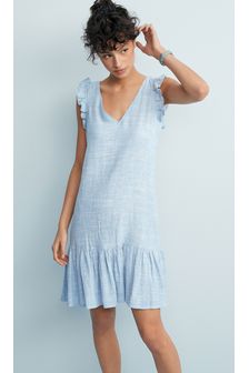 Chambray Blue Linen Mix Tie Back Mini Summer Dress