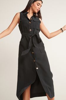 Black Sleeveless Midi Utility Shirt Dress