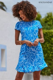 Sosandar Blue Floral Print Ruffle Hem Shift Dress