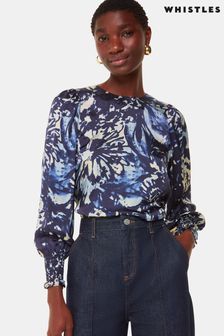 Whistles Blue Dazzled Floral Satin Blouse