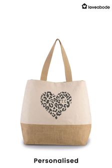 Personalised Leopard Print Heart & Initial Jute Bag