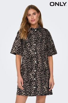 ONLY Natural Leopard Print Denim Short Shirt Dress