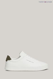 Tommy Hilfiger White Tommy Hilfiger Green Court Leather Grain Essential Trainers