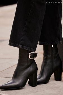 Mint Velvet Black Leather Buckle Ankle Boots